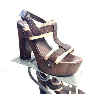 Steve Madden Brown & Tan Leather Suede Platform Heels Sandals Shoes Size 8.5